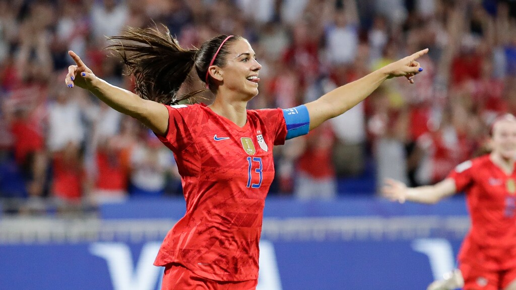 (Alessandra Tarantino | AP) United States' Alex Morgan celebrates after scoring her side's second goal during the Women's World Cup semifinal soccer match between England and the United States, at the Stade de Lyon, outside Lyon, France, Tuesday, July 2, 2019.