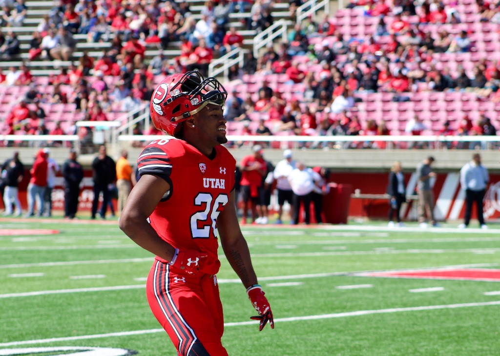 (Christopher Kamrani | The Salt Lake Tribune) Utah defensive back Terrell Burgess relaxes on the sideline during the Red-White game at Rice-Eccles Stadium on Saturday afternoon.