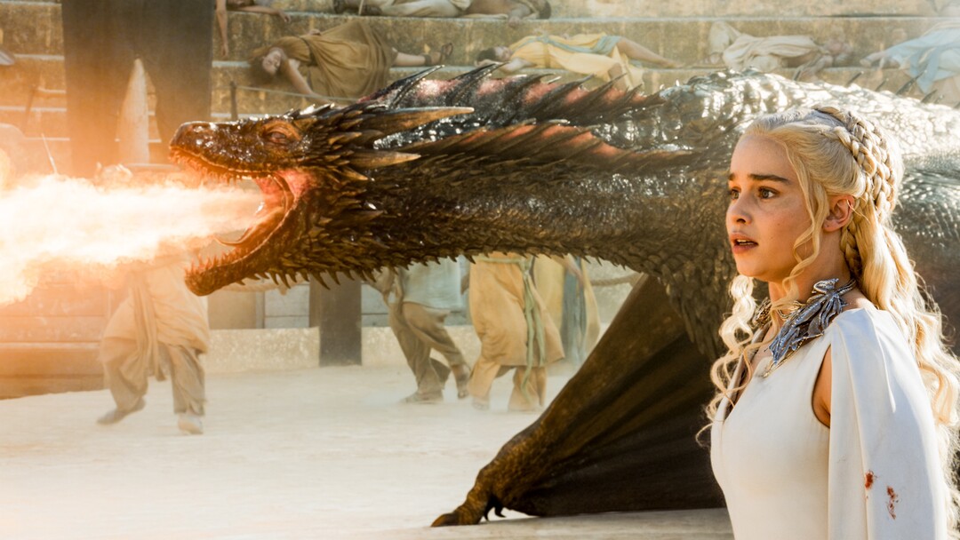 (Photo courtesy HBO) Drogon comes to the rescue of Daenerys Targaryen (Emilia Clark) in the fifth-season episode of “Game of Thrones” titled “Dance of Dragons.”
