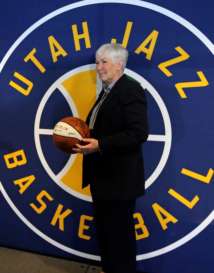 Gail Miller, owner of the the Larry H. Miller Group of Companies, poses for a photograph after announcing she will transfer ownership of the Utah Jazz and Vivint Smart Home Arena to a Legacy Trust in order to keep the franchise in Utah for generations, Monday, Jan. 23, 2017, in Salt Lake City. (AP Photo/Rick Bowmer)