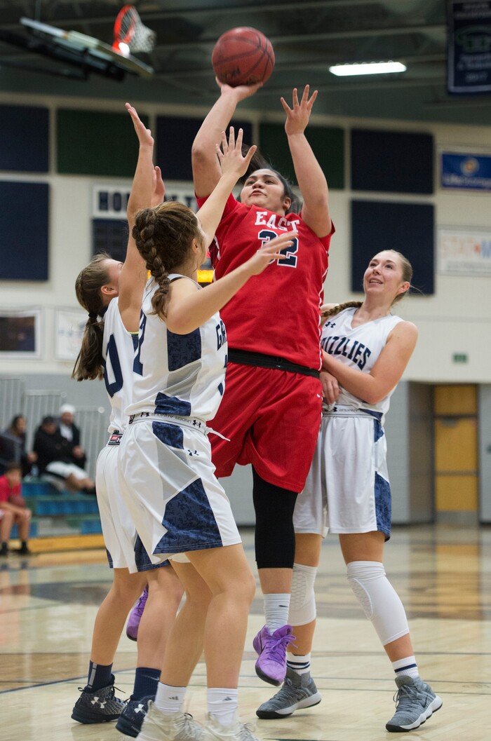 (Scott Sommerdorf | The Salt Lake Tribune)
East's Lani Taliauli shoots a short jumper during first half play. Copper Hills defeated East 82-62, Friday, December 29, 2017.