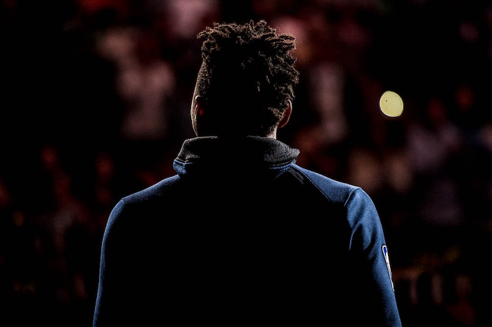 (Trent Nelson | The Salt Lake Tribune)  
Utah Jazz vs. Boston Celtics, NBA basketball in Salt Lake City, Wednesday March 28, 2018. Utah Jazz guard Donovan Mitchell (45).