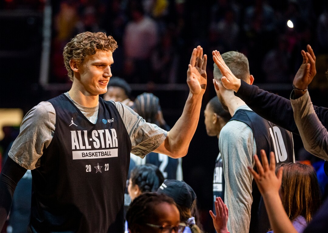 (Rick Egan | The Salt Lake Tribune) Lauri Markkanen is introduced during the Western team All-Star Practice at the Jon M. Huntsman Center, on Saturday, Feb. 18, 2023.