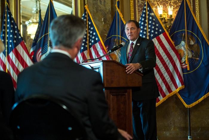 (Chris Detrick  |  The Salt Lake Tribune)  Gov. Gary R. Herbert speaks during an Ambassadorial Swearing in Ceremony at the Utah Capitol Saturday, October 7, 2017. 