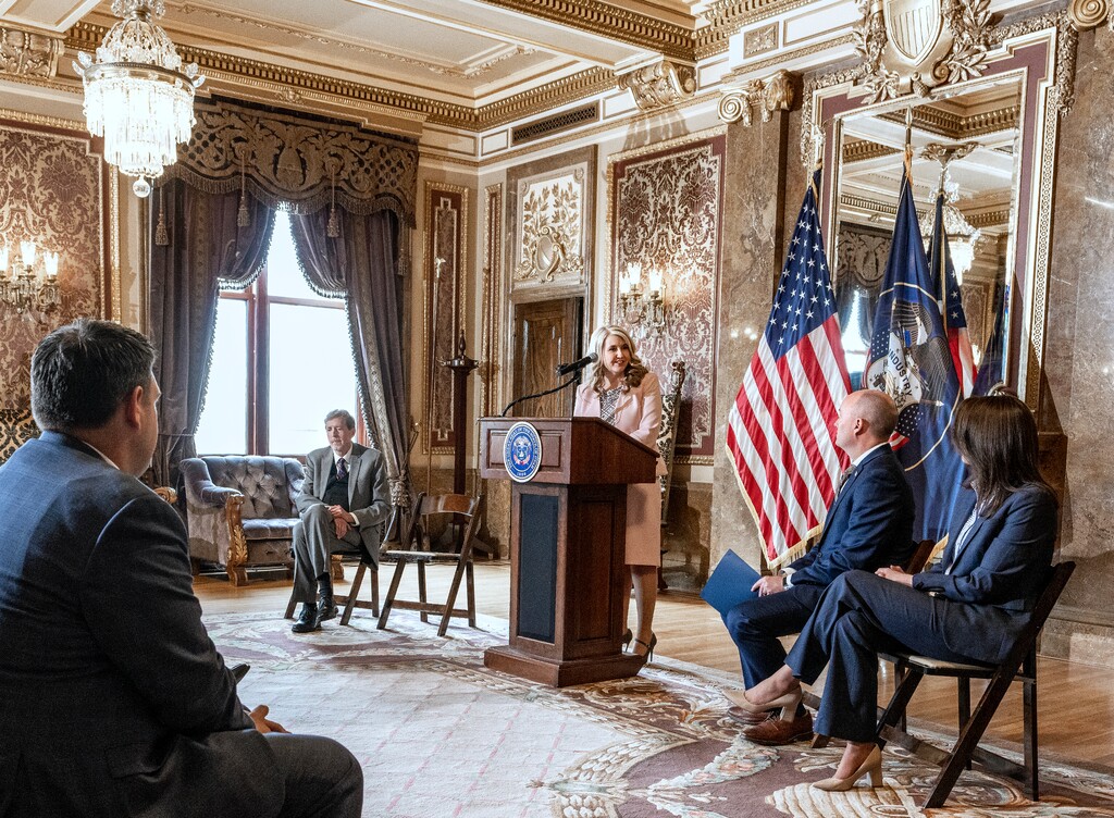 (Leah Hogsten | The Salt Lake Tribune) Utah Court of Appeals Judge Diana Hagen, center, thanks Gov. Spencer Cox for nominating her to serve as a Utah Supreme Court Justice during a press conference at the Capitol, March 29, 2022. 