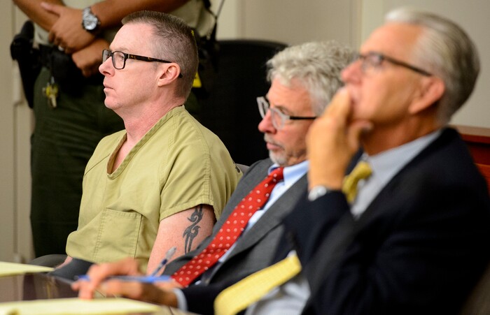 (Steve Griffin  |  The Salt Lake Tribune)  Craig Crawford, listens as Third District Judge James Blanch sentences him  to life in prison without the possibility of parole after Crawford admitted that he trapped his 72-year-old estranged husband, well-known restaurateur John Williams, inside his home and then set it ablaze last year. Sentencing was at the Matheson Courthouse in Salt Lake City Thursday August 31, 2017.