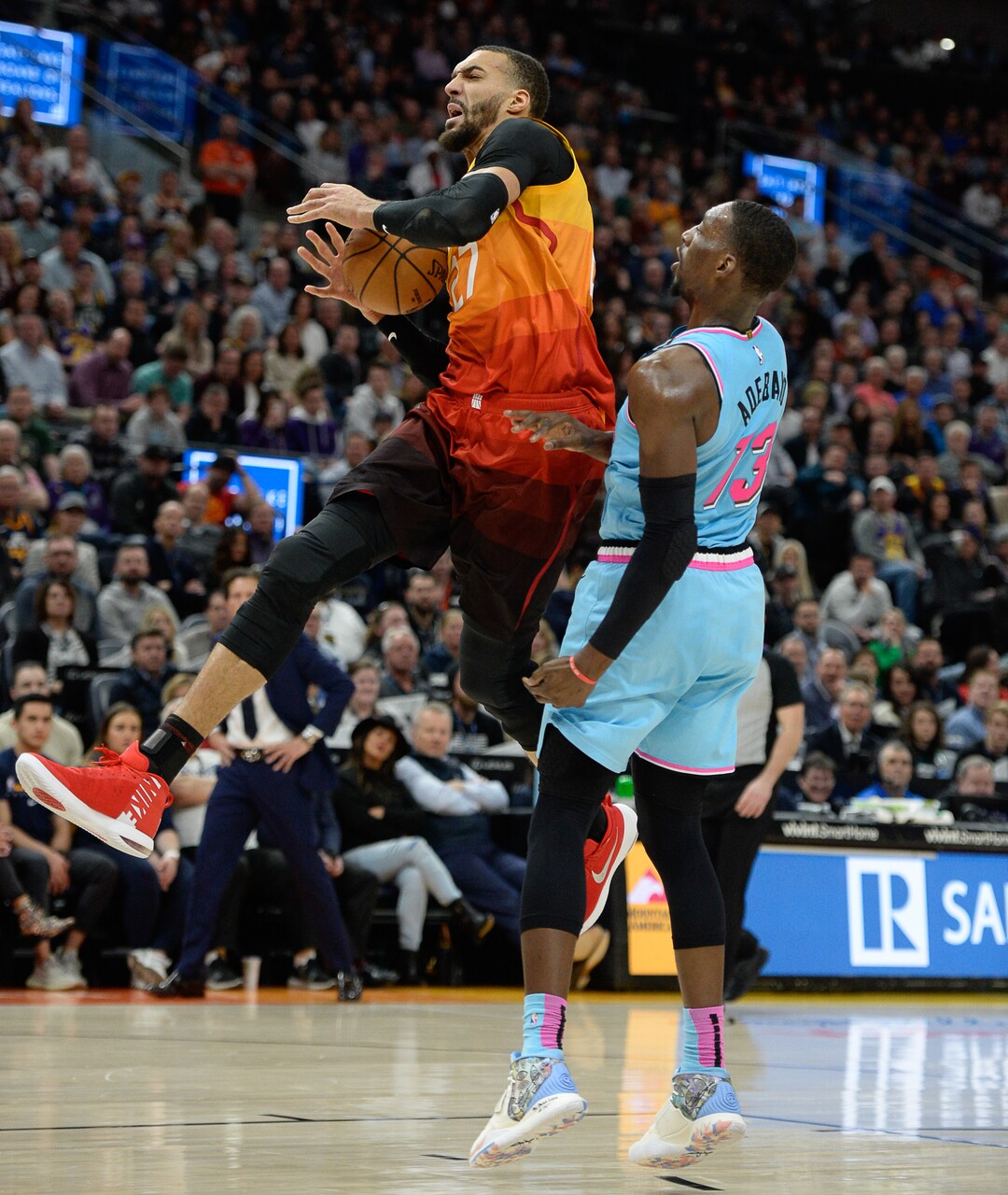 (Francisco Kjolseth  |  The Salt Lake Tribune) Utah Jazz center Rudy Gobert (27) get blocked by Miami Heat forward Bam Adebayo (13) as the Utah Jazz host the Miami Heat in their NBA basketball game at Vivint Smart Home Arena in Salt Lake City on Wednesday, Feb. 12, 2020.