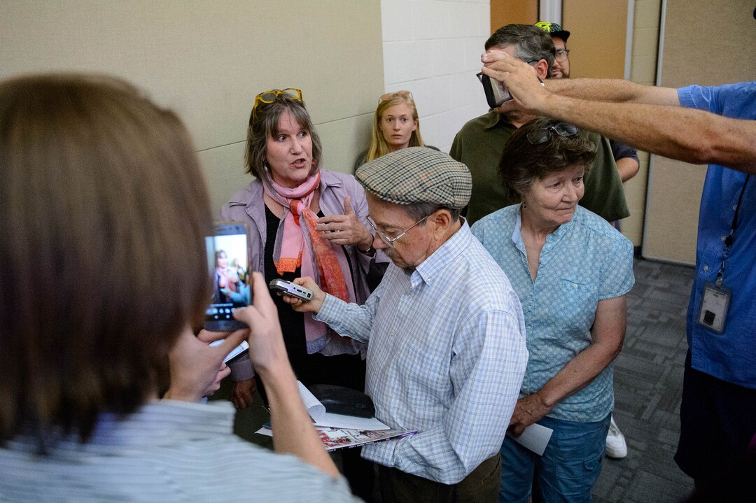 (Trent Nelson  |  The Salt Lake Tribune)  
Deeda Seed talks to media after a meeting of an inland port satellite working group was quickly canceled. The meeting was held at a police precinct in Salt Lake City on Wednesday, Aug. 14, 2019.