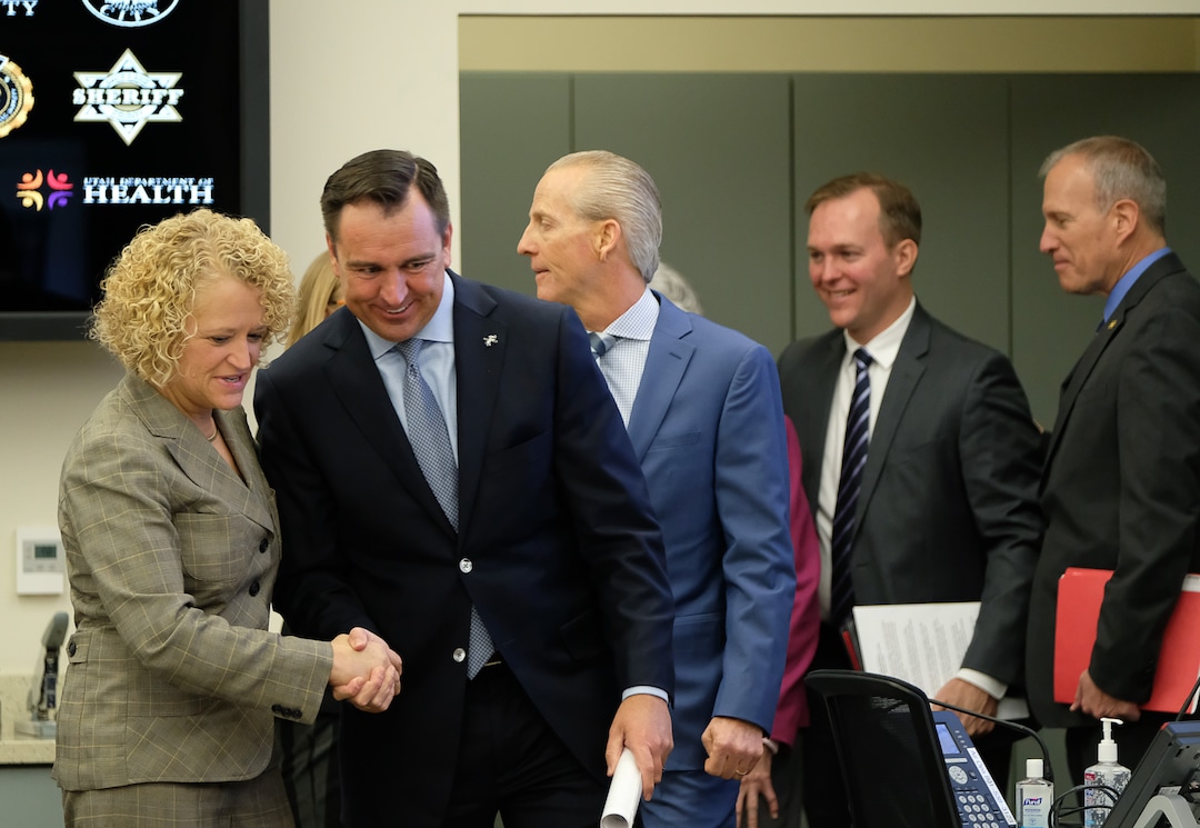 (Francisco Kjolseth  |  The Salt Lake Tribune)  Mayor Jackie Biskupski shakes hands with Speaker Greg Hughes as they get ready to give an update on Operation Rio Grande that began six months ago. State and local officials provided spoke on successes, challenges and current activities during the press event at the Utah Capitol on Monday, Feb. 5, 2018. 
