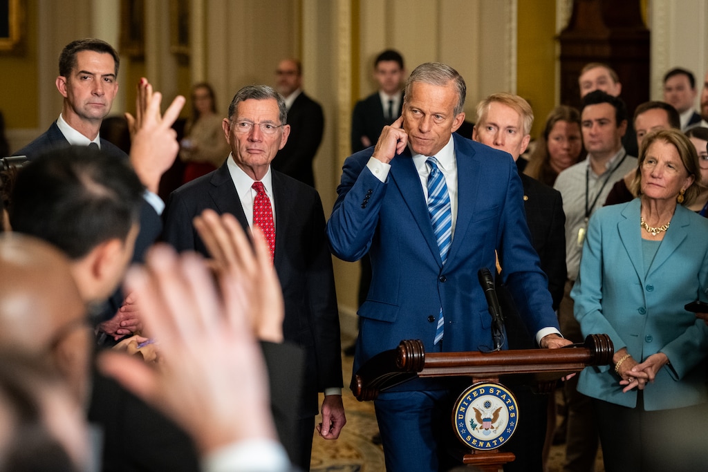 (Haiyun Jiang | The New York Times) Senate Majority Leader John Thune. R-S.D., takes questions from reporters at a news conference with Senate Republican leadership on Capitol Hill in Washington, on Wednesday, Oct. 15, 2025.