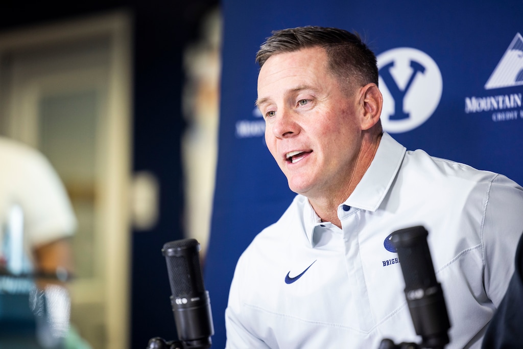 Jay Hill introduced as BYU's defensive coordinator with head coach Kalani Sitake. (Joey Garrison/BYU)