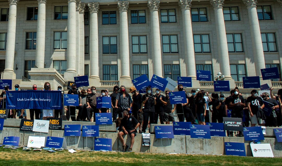 (Rick Egan  |  The Salt Lake Tribune)     Organizer, Peter O'Doherty, speaks the members of Utah Live Events Industry Association at a rally at the State Capitol to call attention to the state of their industry, on Tuesday, July 21, 2020.