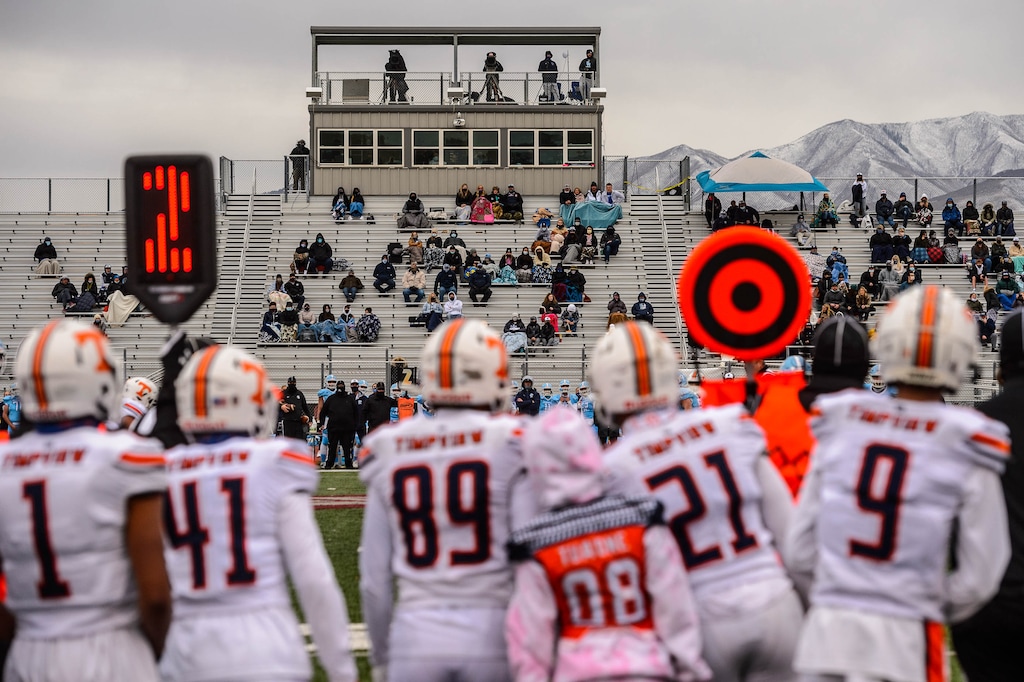 (Trent Nelson  |  The Salt Lake Tribune) Timpview faces Salem Hills High School in a football playoff game at Cedar Valley High School in Eagle Mountain on Friday, Nov. 13, 2020.
