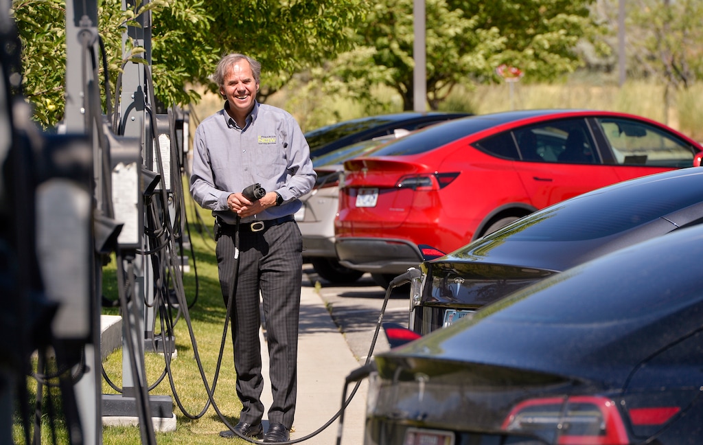 (Chris Samuels | The Salt Lake Tribune) Hanko Kiessner, CEO of Packsize, poses for a photograph at the company's headquarters in Salt Lake City, Wednesday, July 6, 2022. The company installed over 50 electric vehicle charging stations in their parking lot in an effort to incentivize their employees to purchase an electric vehicle.