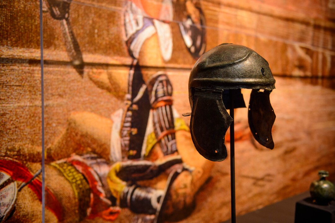 (Trent Nelson  |  The Salt Lake Tribune) A bronze soldier's helmet, part of Pompeii: The Exhibition, opening Saturday at The Leonardo in Salt Lake City on Thursday Nov. 21, 2019.