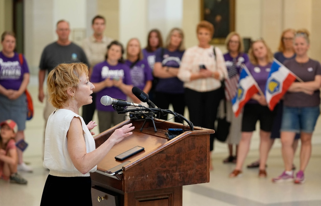 (Francisco Kjolseth  |  The Salt Lake Tribune) Catherine Weller, speaking on behalf of the League of Women Voters of Utah, joins supporters of the Better Boundaries Ballot Initiative at the Utah Capitol to celebrate a Utah Supreme Court ruling that the Legislature overstepped its authority when it rewrote a 2018 voter-approved ballot initiative in drawing new congressional districts on Thursday, July 11, 2024.