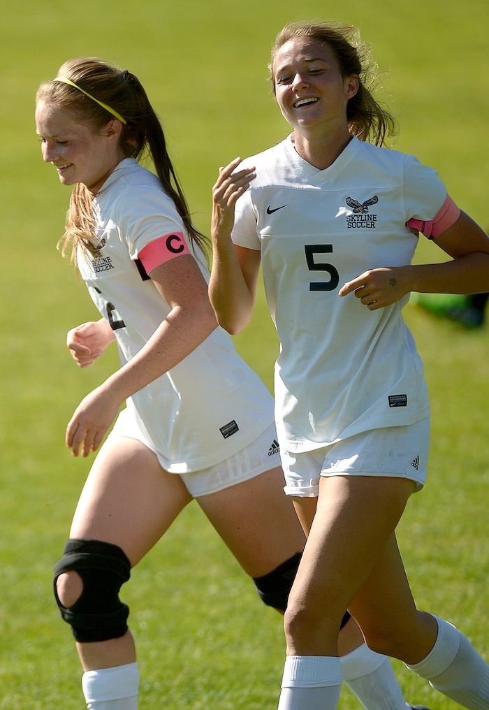 (Leah Hogsten  |  The Salt Lake Tribune) Skyline's Cassidy Orr (5) celebrates her second half goal. Skyline High School girls' soccer team defeated West High School 7-0, August 26, 2017 at Skyline. 