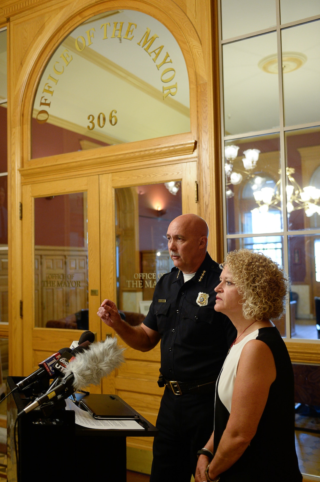 (Francisco Kjolseth  |  The Salt Lake Tribune)  Salt Lake City's Police Chief Mike Brown and Mayor Jackie Biskupski hold a press conference at the City and County building on Friday, Sept. 1, 2017, to apologize for an officer handcuffing a hospital nurse for refusing a blood draw from an unconscious patient.