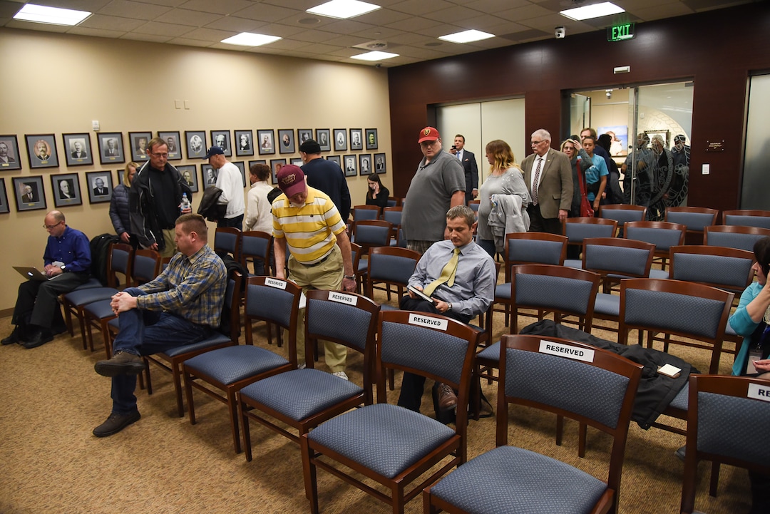 (Francisco Kjolseth  |  The Salt Lake Tribune)  U.S. Senator Mitt Romney gets ready to hold a town hall meeting in the Davis County Commissioner Chambers, Tuesday, January 22, 2019, to hear from local residents.