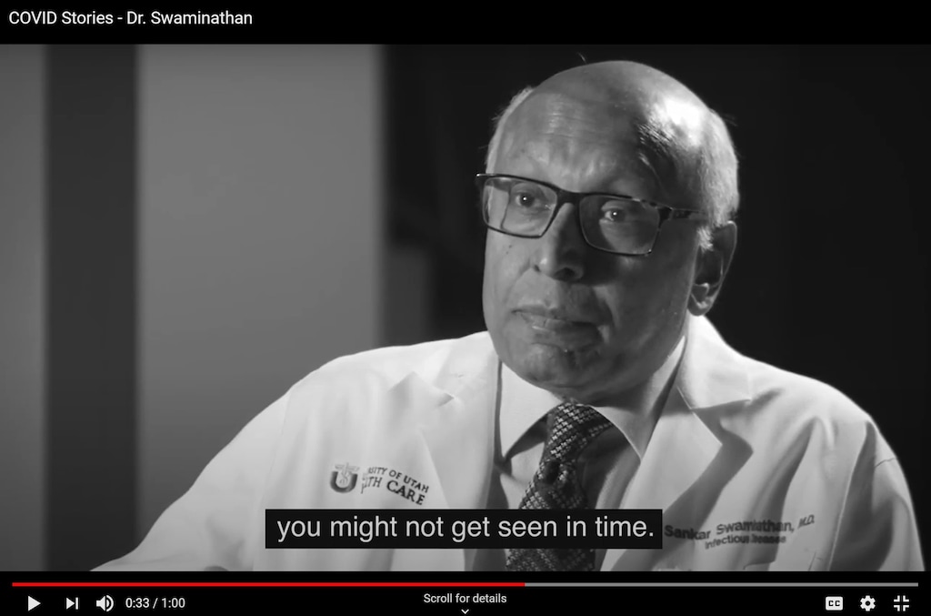 (Screengrab from YouTube) Dr. Sankar Swaminathan, chief of infectious diseases at University of Utah Health, discusses the toll of the COVID-19 pandemic on Utah's health care system in a YouTube video created by Salt Lake County. The county has launched a campaign sharing pandemic stories in an effort to get Utahns to take the coronavirus seriously.
