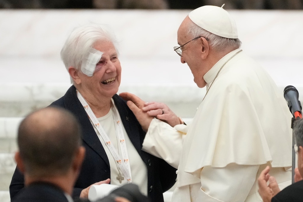 (Gregorio Borgia | AP) Pope Francis greets Sister Patricia Murray during a session of the Synod of Bishops' 16th General Assembly in the Paul VI hall at the Vatican Monday, Oct. 23, 2023. Pope Francis is convening a global gathering of bishops and laypeople to discuss the future of the Catholic Church.
