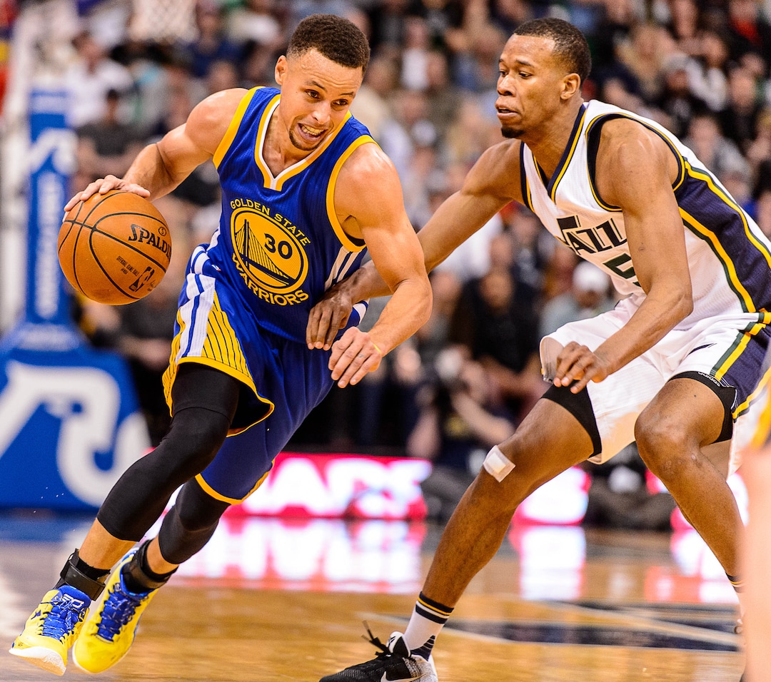 Trent Nelson  |  The Salt Lake TribuneGolden State Warriors guard Stephen Curry (30) drives on Utah Jazz guard Rodney Hood (5) as the Utah Jazz host the Golden State Warriors in Salt Lake City, Wednesday March 30, 2016.