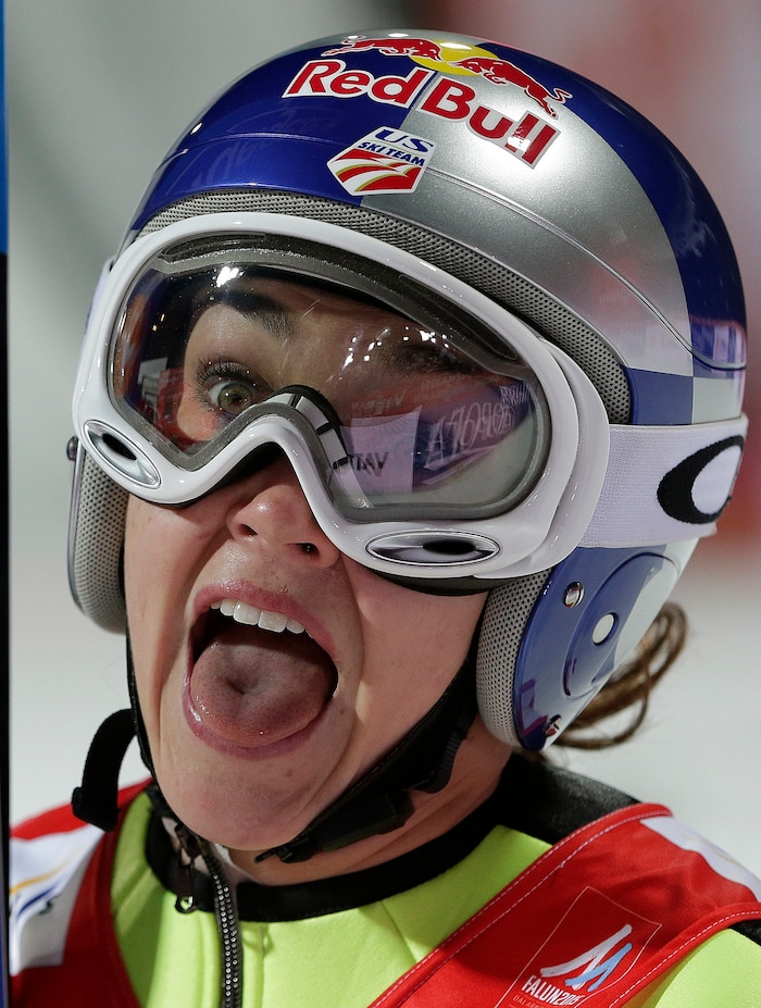 United States' Sarah Hendrickson celebrates after her jump during the Women's Ski Jumping competition at the Nordic Skiing World Championships in Falun, Sweden, Friday, Feb. 20, 2015. (AP Photo/Matthias Schrader)  