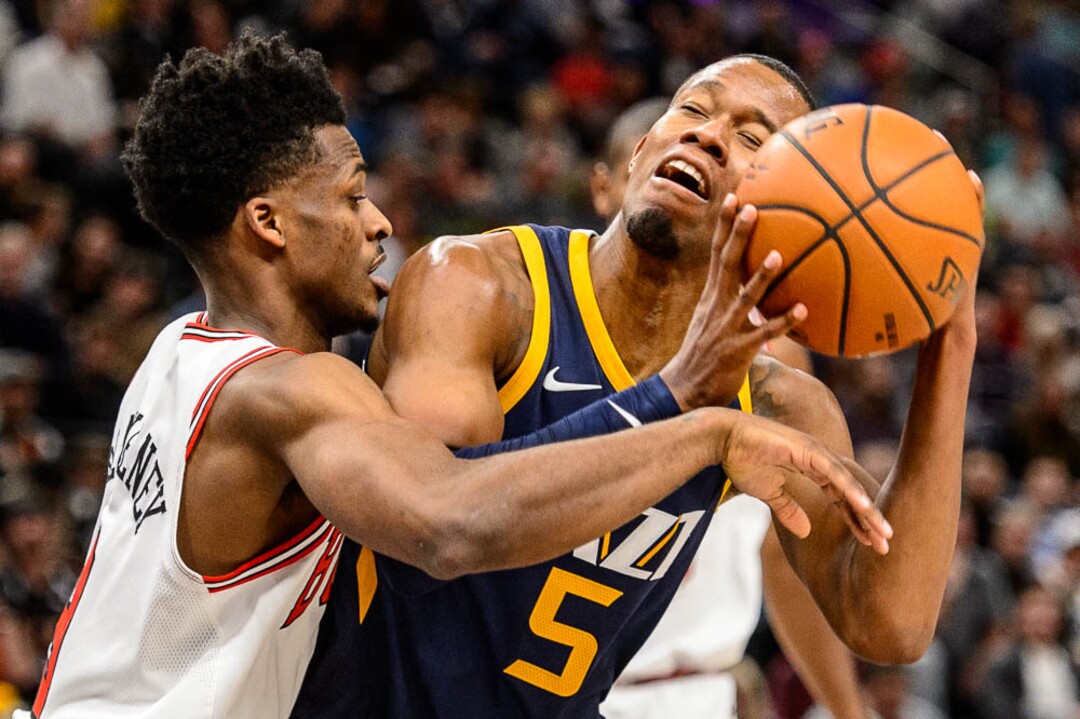 (Trent Nelson | The Salt Lake Tribune)  Chicago Bulls guard Antonio Blakeney (9) defends Utah Jazz guard Rodney Hood (5) as the Utah Jazz host the Chicago Bulls, NBA basketball in Salt Lake City Wednesday November 22, 2017.