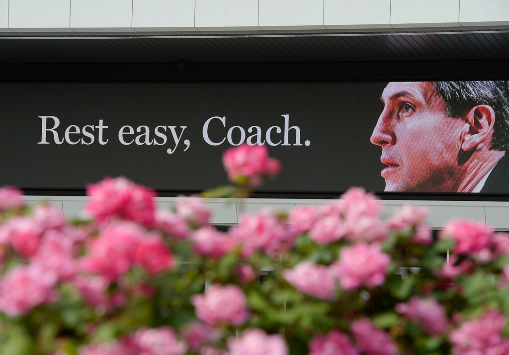 (Francisco Kjolseth  |  The Salt Lake Tribune) Jerry Sloan, the Utah Jazz's Hall of Fame coach and beloved Beehive State icon, dies at 78, as the banner at Vivint Smart Home Arena honors his memory on Friday, May 22, 2020.