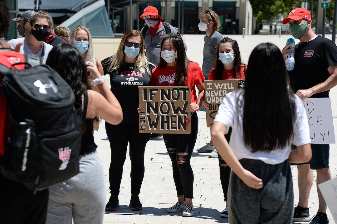 (Francisco Kjolseth  |  The Salt Lake Tribune) Members of the Utah Athletics Department gather outside City Hall in Salt Lake City as part of a series of Juneteenth celebrations on Friday, June 19, 2020.