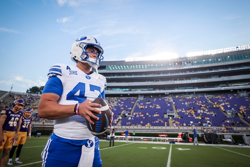 (BYU Athletics) Cougars quarterback Bear Bachmeier warms up before the first road game of his college career. Bachmeier led BYU to a win over the East Carolina Panthers on Saturday, Sept. 20, 2025.