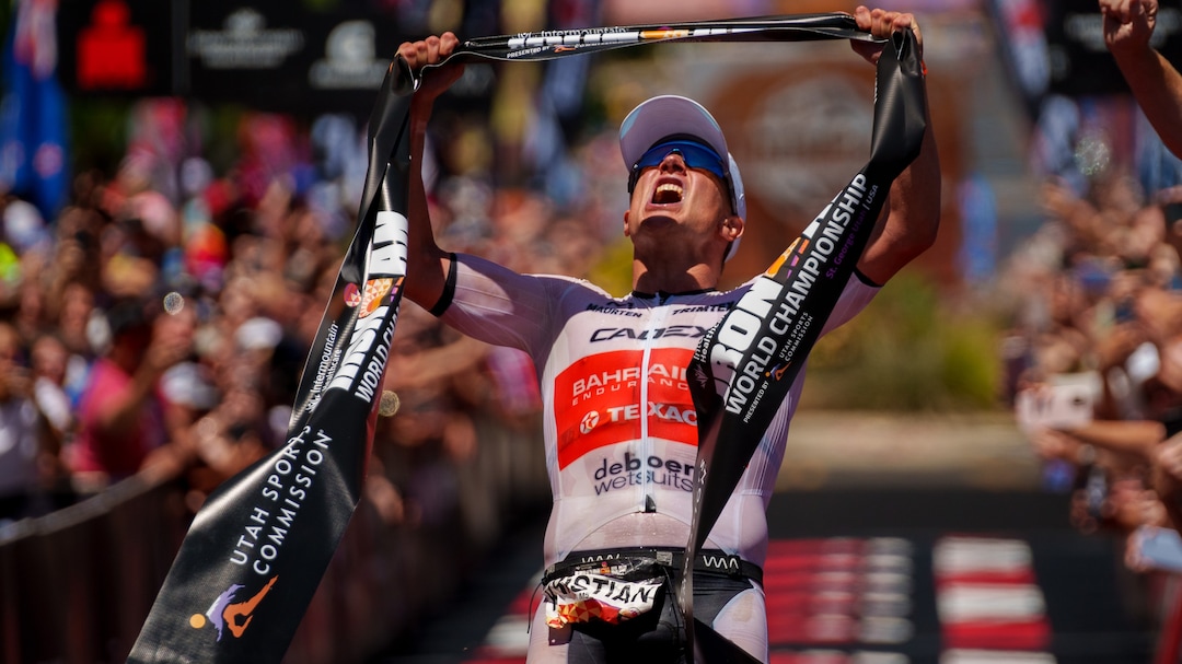 (Trent Nelson  |  The Salt Lake Tribune) Kristian Blummenfelt celebrates winning the Ironman World Championship triathlon in St. George on Saturday, May 7, 2022.