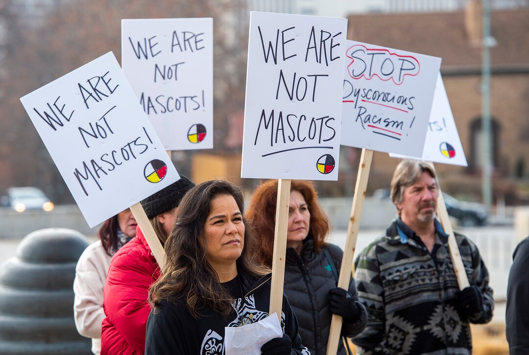 (Rick Egan  |  The Salt Lake Tribune)     Native Americans and their supporters gather on the steps of the Utah State Capitol for a rally to oppose a resolution that would discourage the removal of Native American names or symbols from school mascots, Saturday, Jan. 25, 2020.