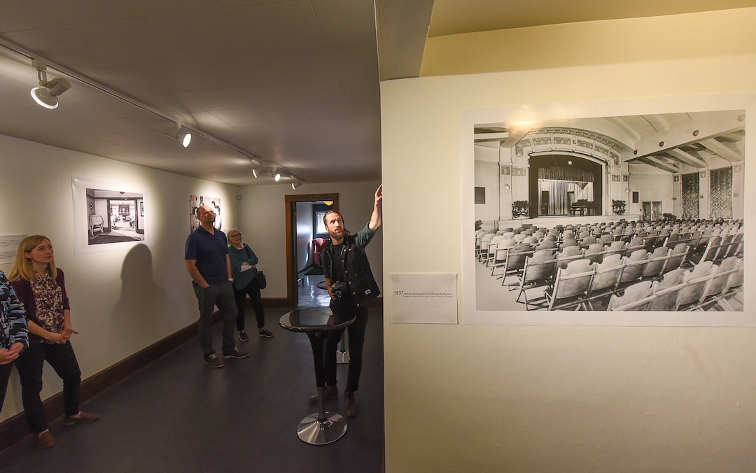 (Francisco Kjolseth  |  The Salt Lake Tribune)  Visual artist Dave Brewer, co-owner of the historic 2016 Ladies Literary Club House building at 850 E South Temple, currently known at the Photo Collective Studios gives a tour of some of the historic photographs on display in the basement. Brewer and his partner are now seeking a grant to make it ADA accessible for the first time in its 106-year history. To publicize their cause, on Tuesday, Sept. 24, 2019, they opened their refurbished building to tours.