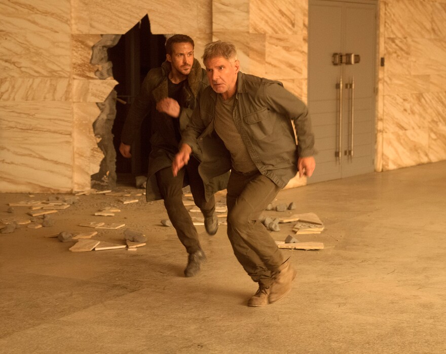 (Stephen Vaughan  |  Warner Bros. Pictures)  Officer K (Ryan Gosling, left), a young LA cop, seeks out a long-missing veteran "blade runner," Rick Deckard (Harrison Ford), and soon both are being pursued, in the futuristic thriller "Blade Runner 2049," a sequel to Ridley Scott's 1982 classic.