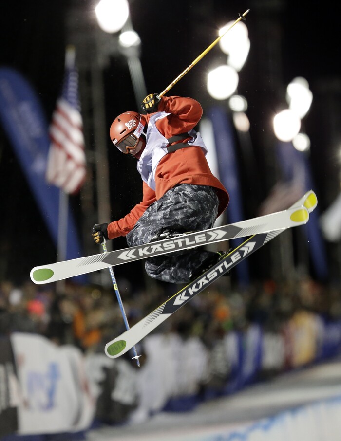 Alex Ferreira, of France, competes during the men's U.S. Grand Prix freestyle halfpipe skiing event Friday, Jan. 17, 2014, in Park City, Utah. Alex Ferreira came in second place. (AP Photo/Rick Bowmer) 