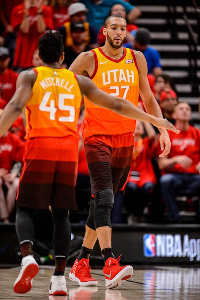 (Trent Nelson | The Salt Lake Tribune)  
Utah Jazz host the Oklahoma City Thunder, Game 3, NBA playoff basketball in Salt Lake City, Saturday April 21, 2018. Utah Jazz guard Donovan Mitchell (45) and Utah Jazz center Rudy Gobert (27).