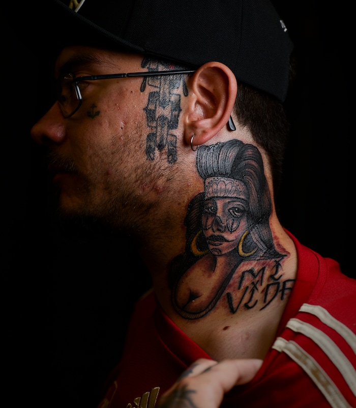 (Leah Hogsten | The Salt Lake Tribune) Jacob Lopez of Salt Lake City shows off his fresh ink of "Mi Vida" at the Salt Lake City International Tattoo Convention, Saturday, March 17, 2018. Lopez has 36 tattoos and attends the convention every year looking for new body art.