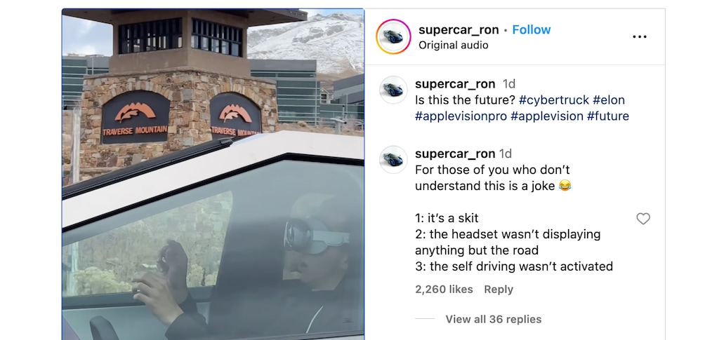 (@supercar_ron via Instagram) An Instagram post shows a man wearing an Apple Vision Pro headset while in the drivers seat of a Tesla Cybertruck on a highway in Lehi.