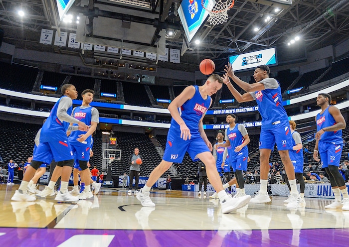 Leah Hogsten  |  The Salt Lake Tribune  The Kansas Jayhawks take the court during the 2019 NCAA Division I Men's Basketball Championship, March 20, 2019 in preparation for their first round game against the Northeastern Huskies on Thursday.
