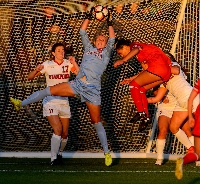 (Trent Nelson | The Salt Lake Tribune) Stanford's Lauren Rood (28) makes a save on a Utah corner kick as the University of Utah hosts Stanford, NCAA Women's Soccer in Salt Lake City Thursday October 5, 2017.