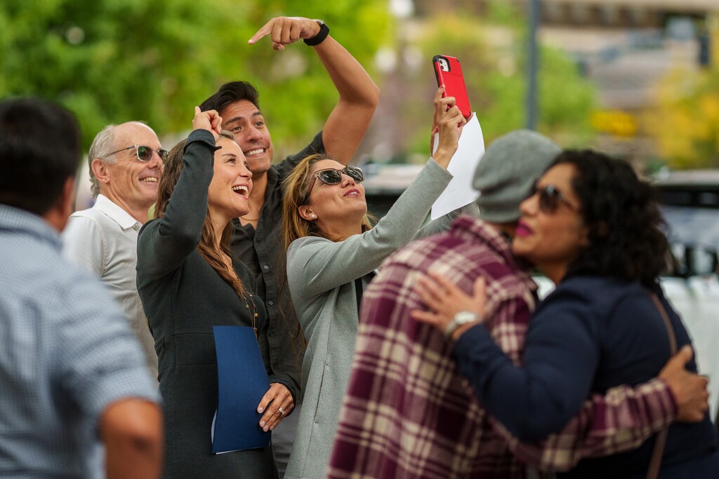 (Trent Nelson | The Salt Lake Tribune) Salt Lake City Mayor Erin Mendenhall, second from left, poses for a selfie with three members of the Salt Lake City Council — from left, Dan Dugan, Alejandro Puy and Ana Valdemoros — after announcing the 2023 fall edition of SLC Open Streets, on Wednesday, Sept. 13, 2023.