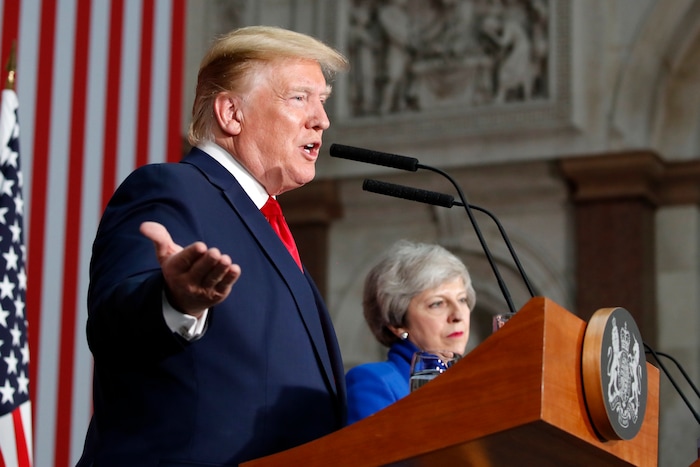President Donald Trump speaks during a news conference with British Prime Minister Theresa May at the Foreign Office, Tuesday, June 4, 2019, in central London. (AP Photo/Alex Brandon)