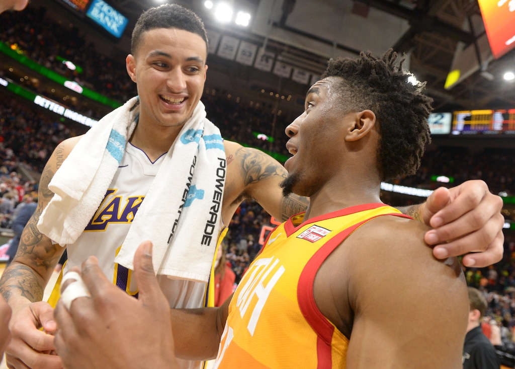 (Leah Hogsten | The Salt Lake Tribune) Los Angeles Lakers forward Kyle Kuzma (0) and Utah Jazz guard Donovan Mitchell (45) joke around after the game. The Utah Jazz defeated the Los Angeles Lakers 117-110 at Vivint Smart Home Arena Tuesday, April 3, 2018