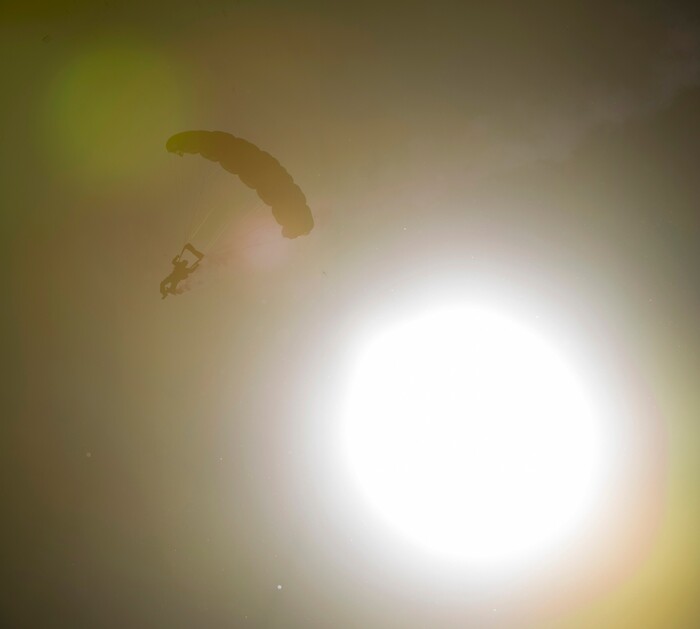 (Rick Egan  |  The Salt Lake Tribune)   A member of the The Para-Commandos Parachute Team performs at the opening of the Warriors Over the Wasatch airshow at Hill Airforce Base, Sunday, June 24, 2018.