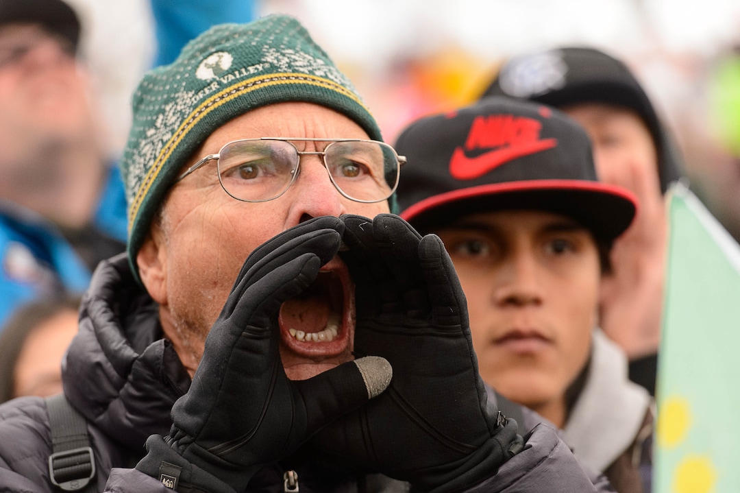 (Trent Nelson | The Salt Lake Tribune)  A man tries to shout down a counter-protester at a rally against a visit by President Donald Trump, Monday December 4, 2017.