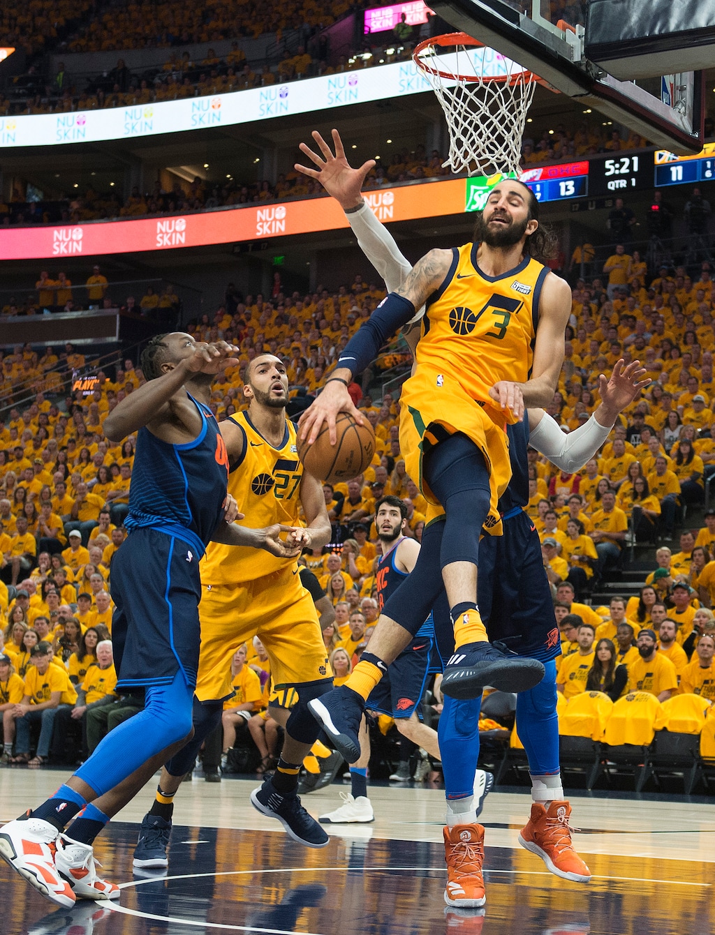 (Scott Sommerdorf | The Salt Lake Tribune)
Utah Jazz guard Ricky Rubio (3) passes behind his back to Utah Jazz center Rudy Gobert (27) during first quarter play. The Thunder led the Jazz 22-18 at the end of the 1st quarter during Game 6 of the first round playoff game, Friday, April 27, 2018.
