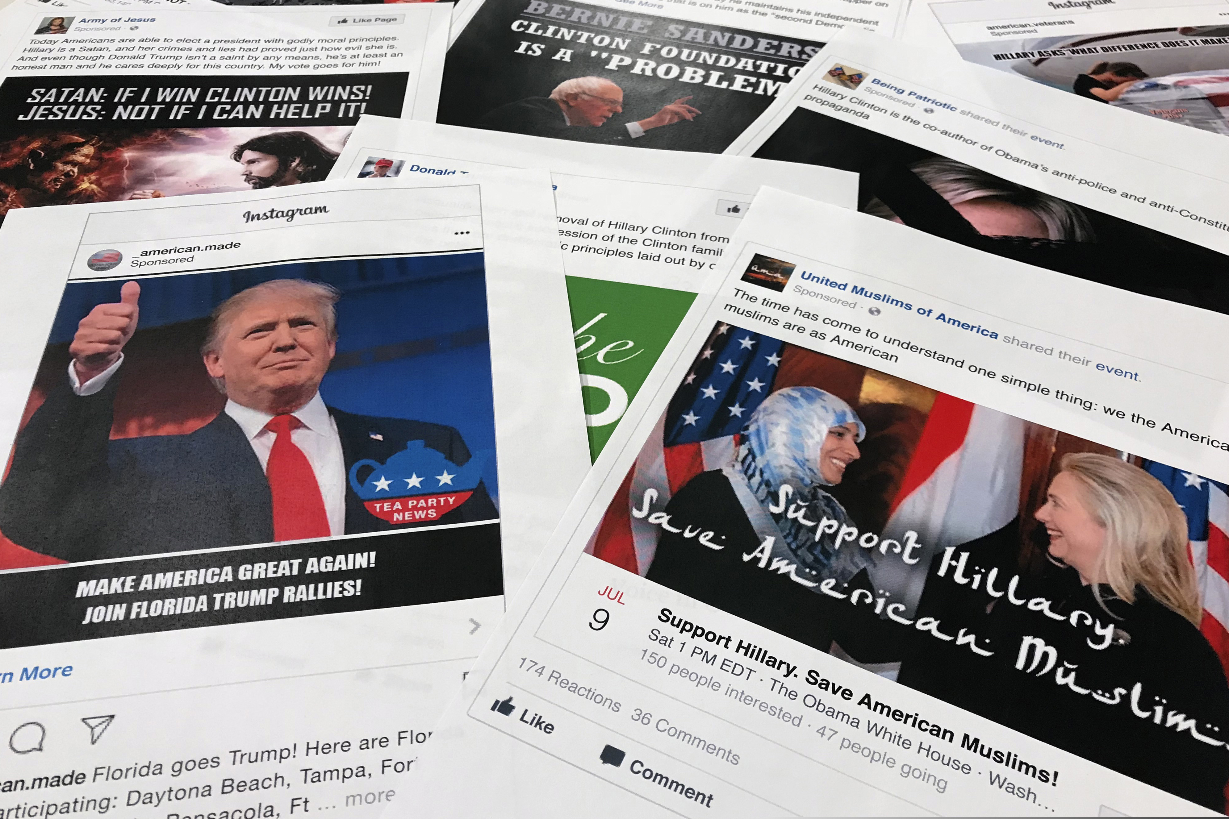 (Jon Elswick | AP file photo)
In this Nov. 1, 2017, photo, Some of the Facebook and Instagram ads linked to a Russian effort to disrupt the American political process and stir up tensions around divisive social issues, released by members of the U.S. House Intelligence committee, are photographed in Washington. Russia’s interference in the 2016 U.S. election has generally been seen as two separate, unrelated tracks: hacking Democratic emails and sending provocative tweets. But a new study suggests the tactics were likely intertwined. On the eve of the release of hacked Clinton campaign emails, Russian-linked trolls retweeted messages from thousands of accounts on both extremes of the American ideological spectrum.