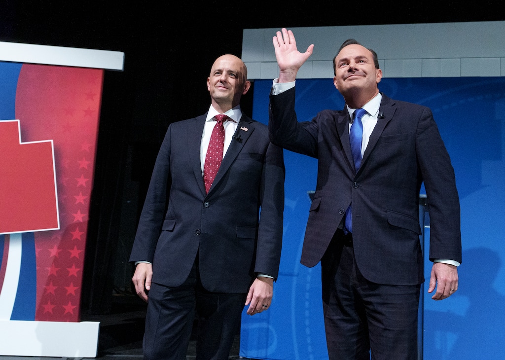 (Leah Hogsten | The Salt Lake Tribune) Independent challenger Evan McMullin, left, and Sen. Mike Lee greet the audience before a debate at Utah Valley University, Oct. 17, 2022, ahead of the November midterm election.