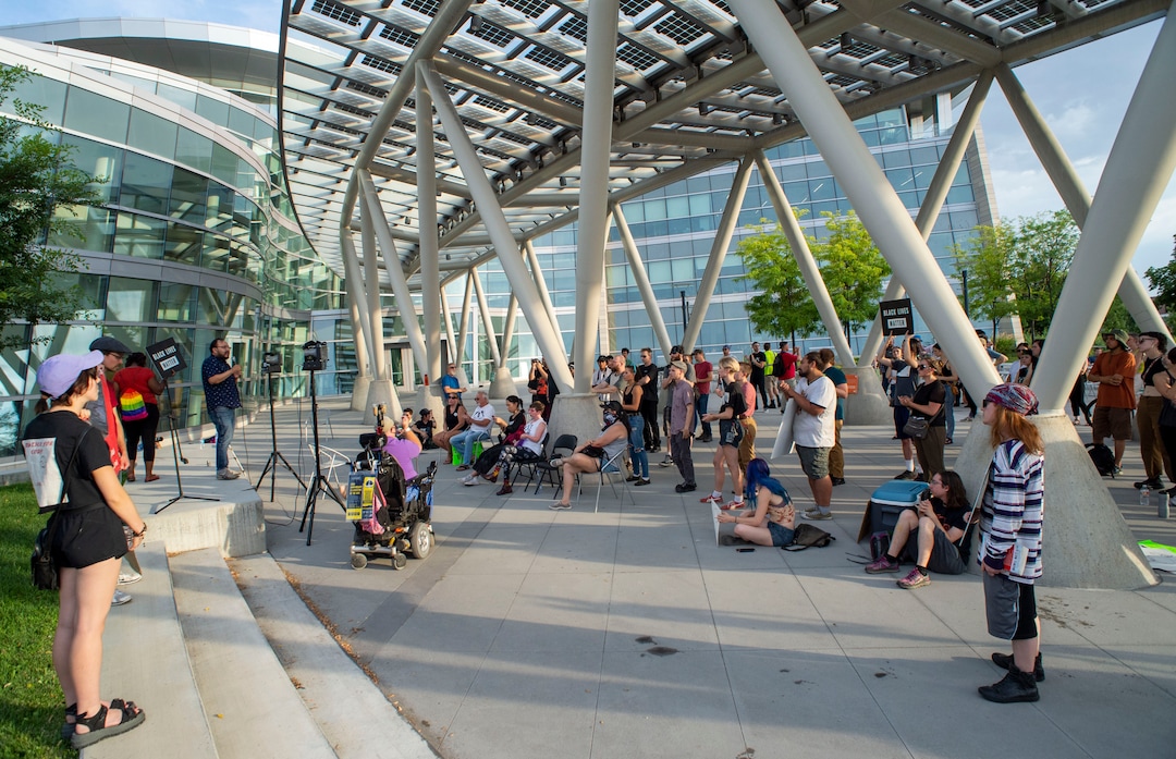 (Rick Egan  |  The Salt Lake Tribune)     Protesters shout "stand up fight back" during a rally sponsored by Utah Against Police Brutality, which included several protesters that talked about their experience being attacked by Salt Lake City Policemen, at the Inland port protest.Tuesday, July 23, 2019.
